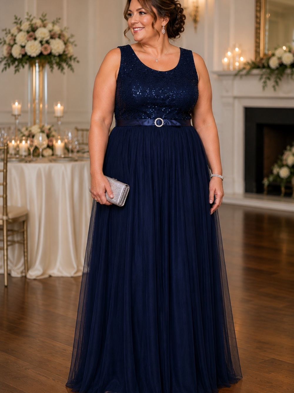 Elegant Navy Sequin & Tulle Evening Dress